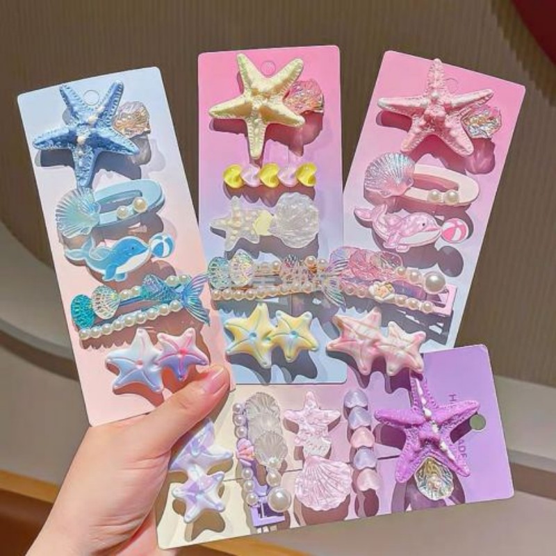 Princess-style ocean-themed hair clip set, starfish, shell and pearl edge clips, cute girl hair clips, baby hair accessories and headwear details Picture