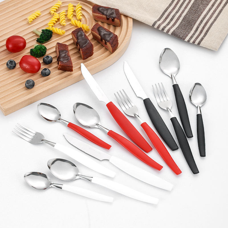 Five-piece set of stainless steel colored handles, knife, fork and spoon sets for household portable tableware exported to South America and Brazil details Picture