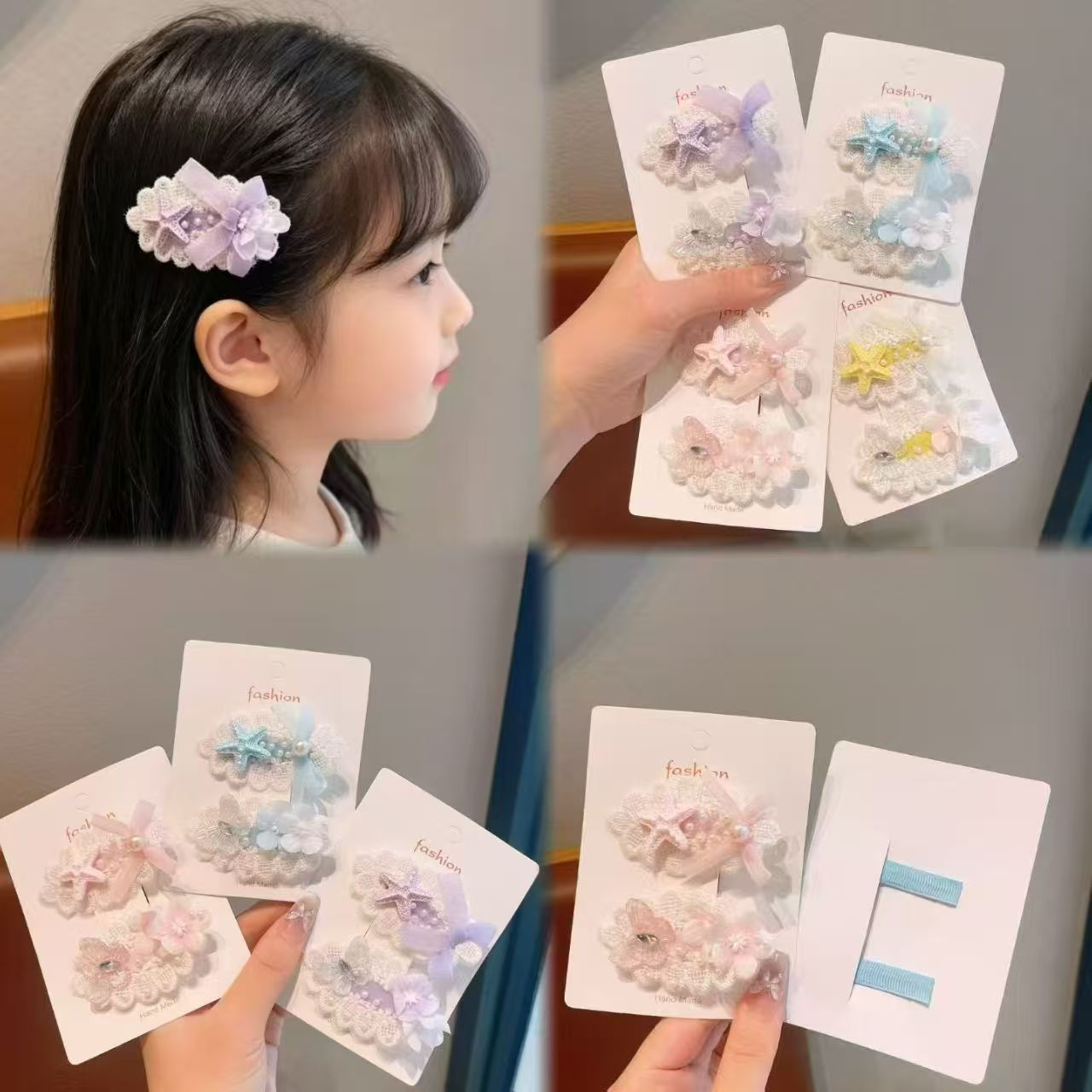 Cute princess starfish bow flower hair clip, girl lace fringe side hair clip, baby sweet hair accessory