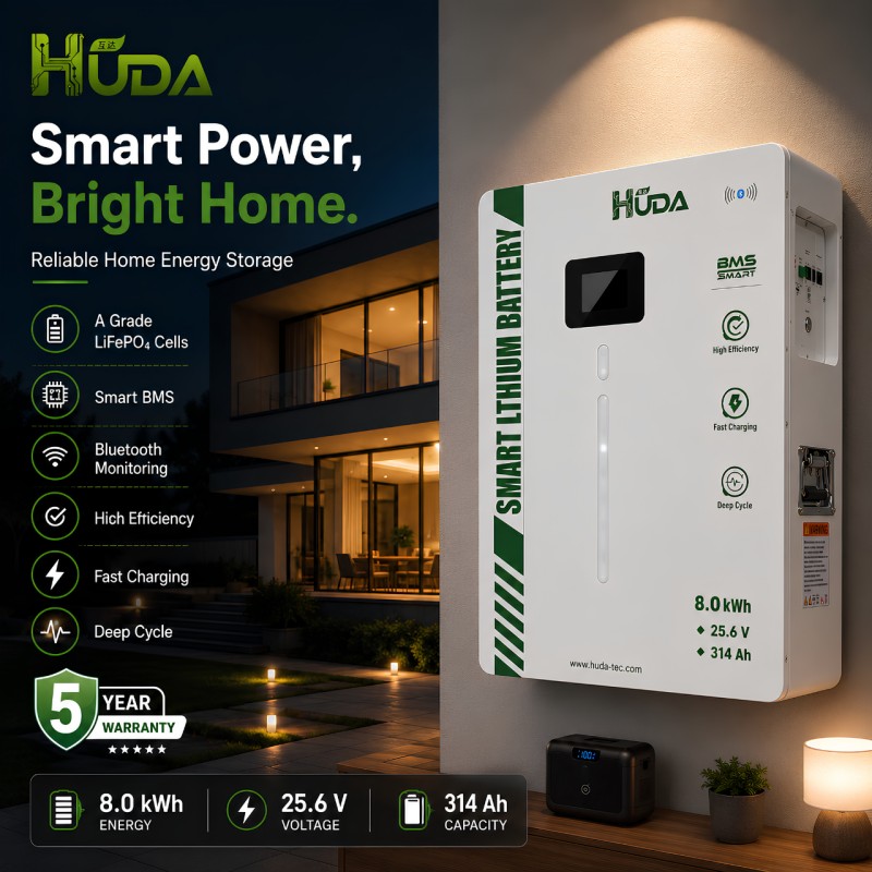 HUDA 8KWh wall-mounted photovoltaic energy storage lithium battery LiFePO4 villa whole-house energy storage system, RV and yacht emergency backup power, Bluetooth intelligent Application Scenario
