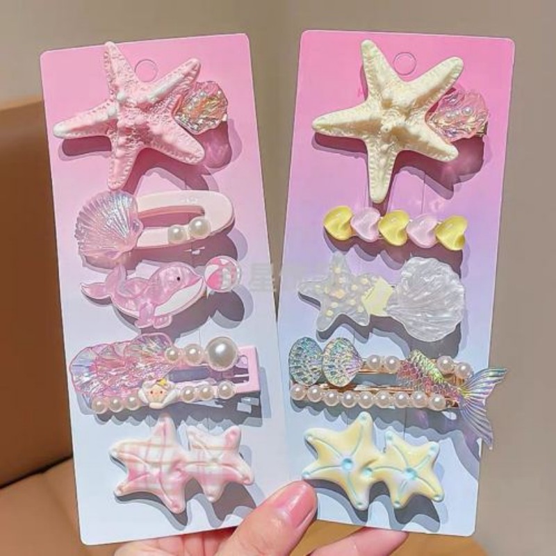 Princess-style ocean-themed hair clip set, starfish, shell and pearl edge clips, cute girl hair clips, baby hair accessories and headwear Specification image