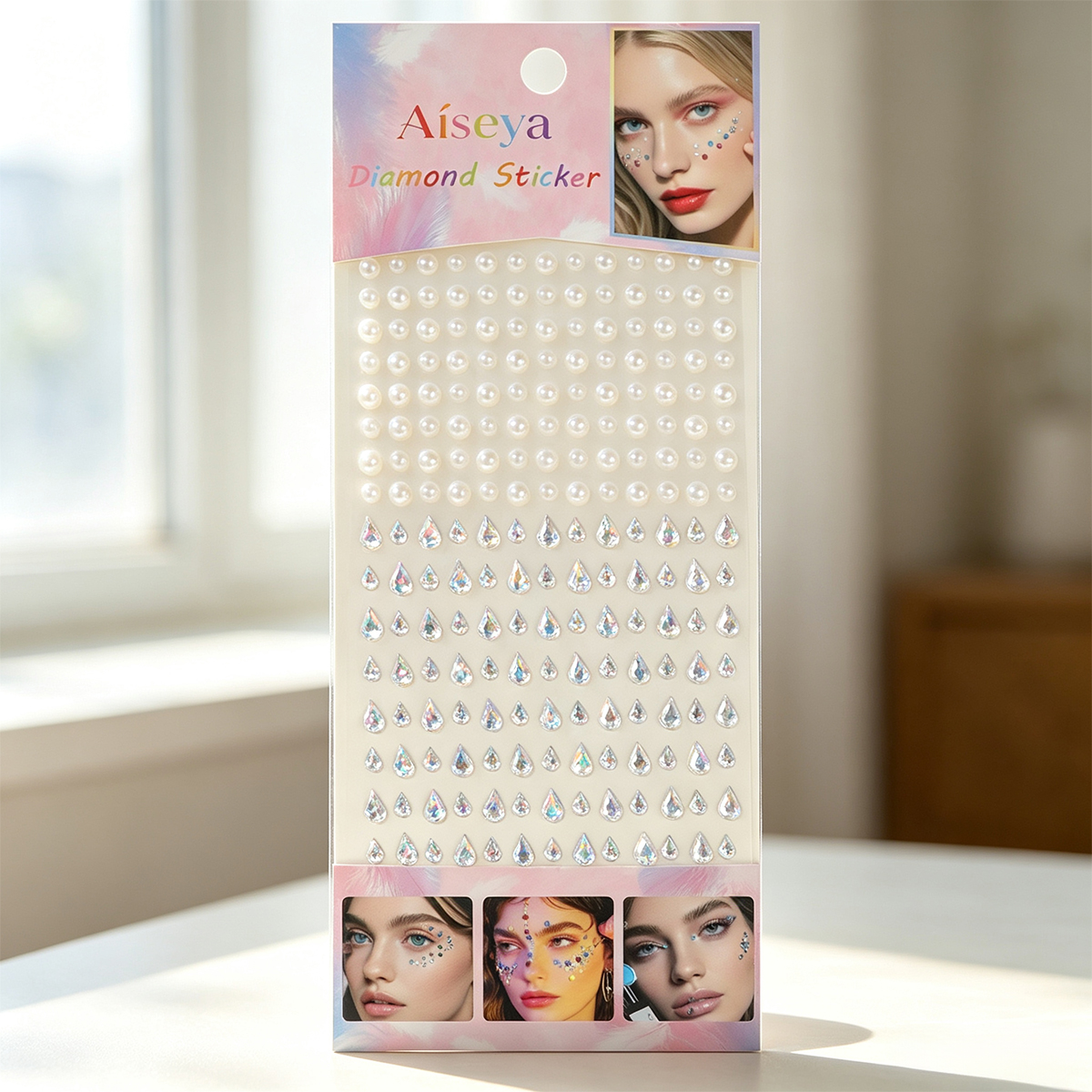 Laser water drop pearl face diamond stickers, stage makeup, eye makeup, bright diamond stickers, nail art, three-dimensional white pearl water drop diamond stickers Specification image