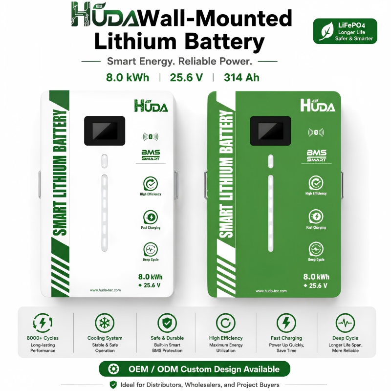 HUDA 8KWh wall-mounted photovoltaic energy storage lithium battery LiFePO4 villa whole-house energy storage system, RV and yacht emergency backup power, Bluetooth intelligent