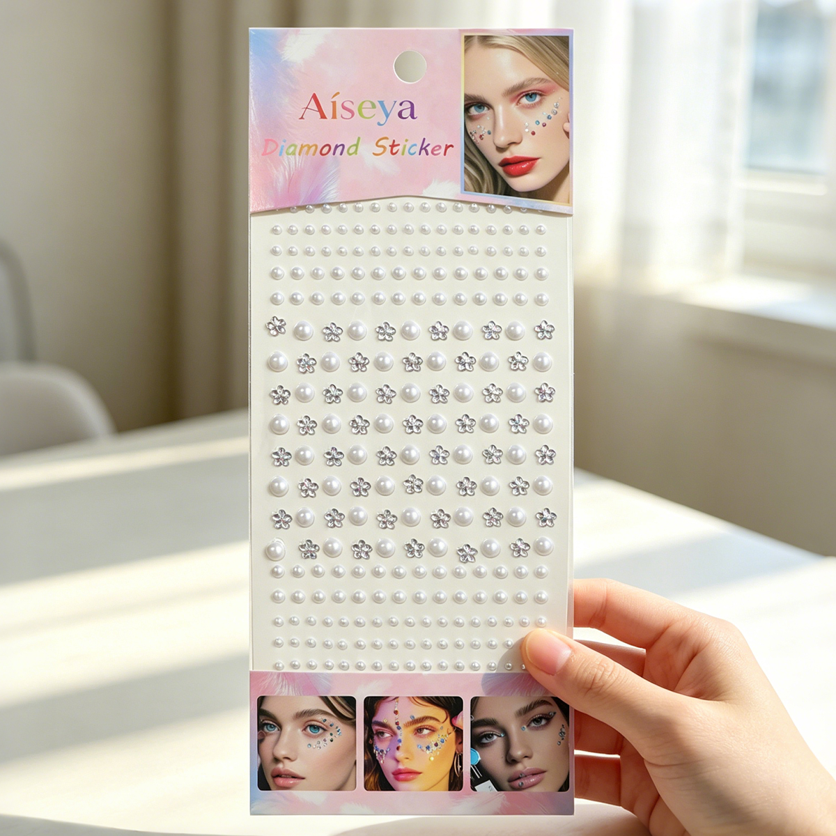 Laser flower pearl face diamond stickers, girl group stage eye makeup diamond jewelry, self-portrait makeup, glue-free sparkling diamond stickers, nail art pearl stickers