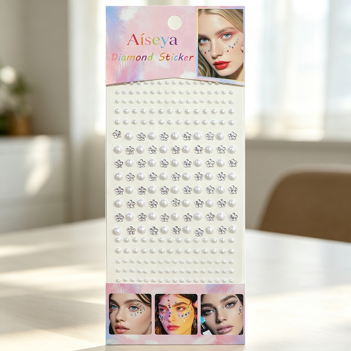 Laser flower pearl face diamond stickers, girl group stage eye makeup diamond jewelry, self-portrait makeup, glue-free sparkling diamond stickers, nail art pearl stickers Specification image