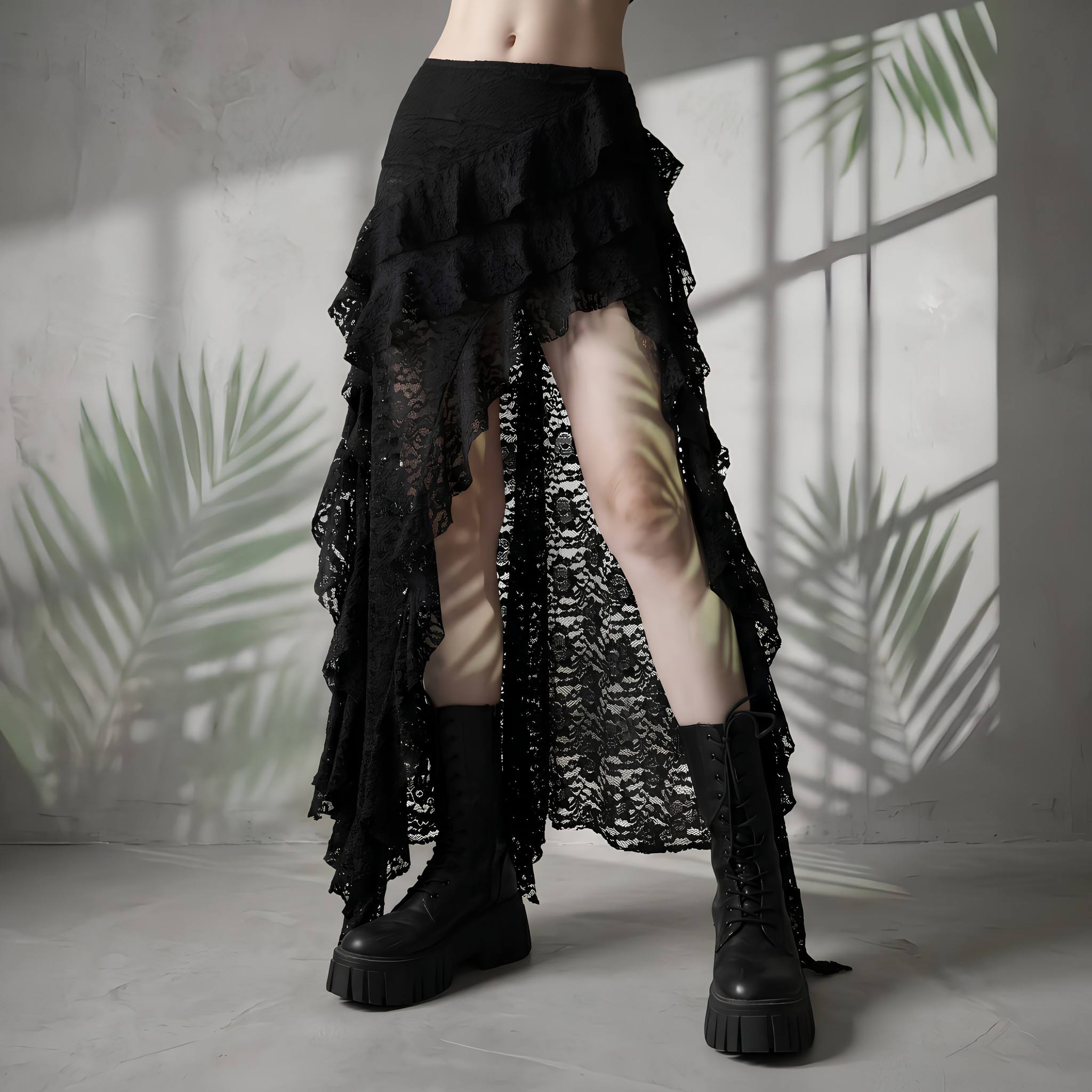 Cross-border European and American style 2026 new women's clothing unique design black lace wavy pleated edge skirt