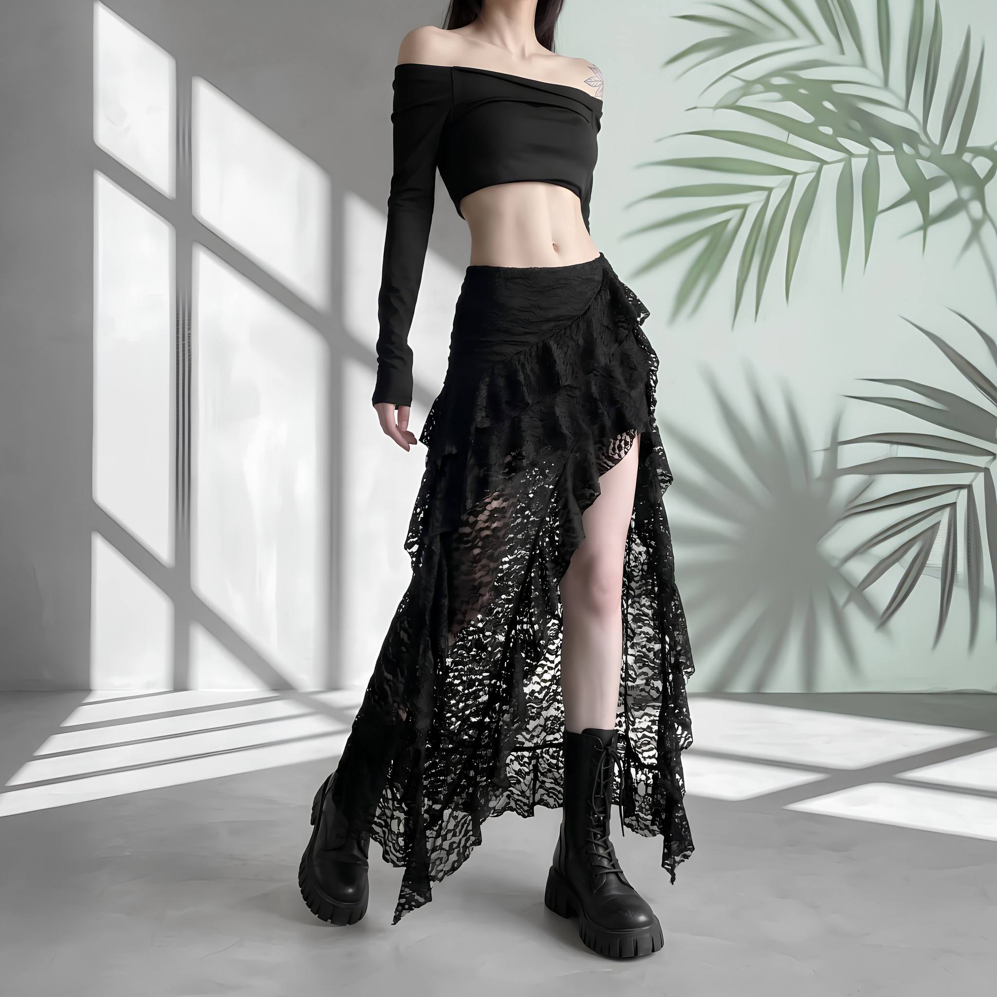 Cross-border European and American style 2026 new women's clothing unique design black lace wavy pleated edge skirt Application Scenario