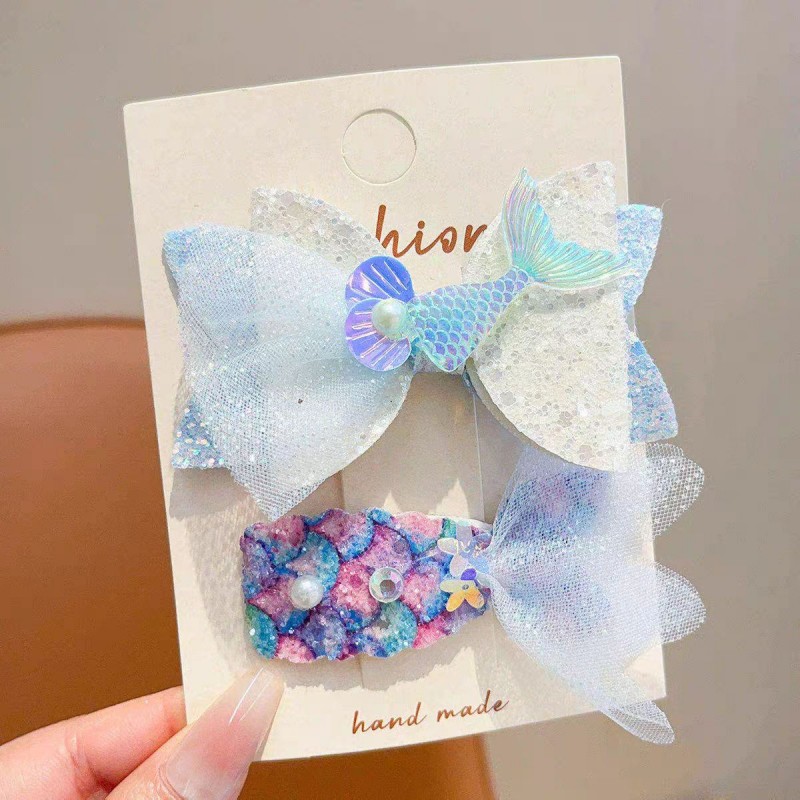 Little Princess Net gauze Mermaid Girl bow hair clip, baby side bangs, broken hair, pearl shell hair accessory, headwear Item Picture