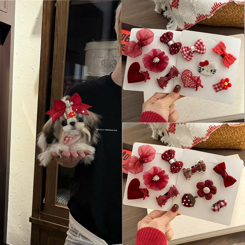 宠物头饰发夹狗狗猫咪原创法式小香风新年圣诞发箍手工发夹小皮筋不伤毛发狂甩不掉bb夹多规格多款式下单请联系客服 pic 23