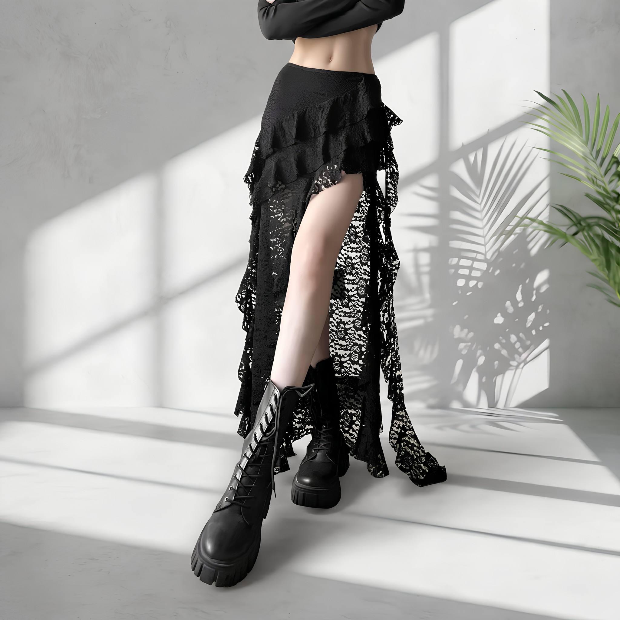 Cross-border European and American style 2026 new women's clothing unique design black lace wavy pleated edge skirt Item Picture