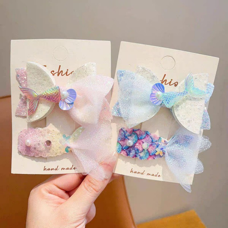 Little Princess Net gauze Mermaid Girl bow hair clip, baby side bangs, broken hair, pearl shell hair accessory, headwear Application Scenario