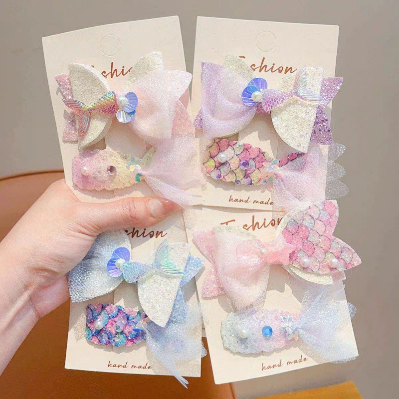 Little Princess Net gauze Mermaid Girl bow hair clip, baby side bangs, broken hair, pearl shell hair accessory, headwear details Picture