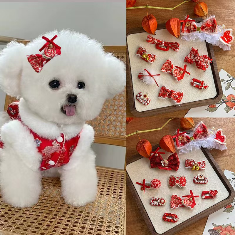 宠物头饰发夹狗狗猫咪原创法式小香风新年圣诞发箍手工发夹小皮筋不伤毛发狂甩不掉bb夹多规格多款式下单请联系客服 pic 9