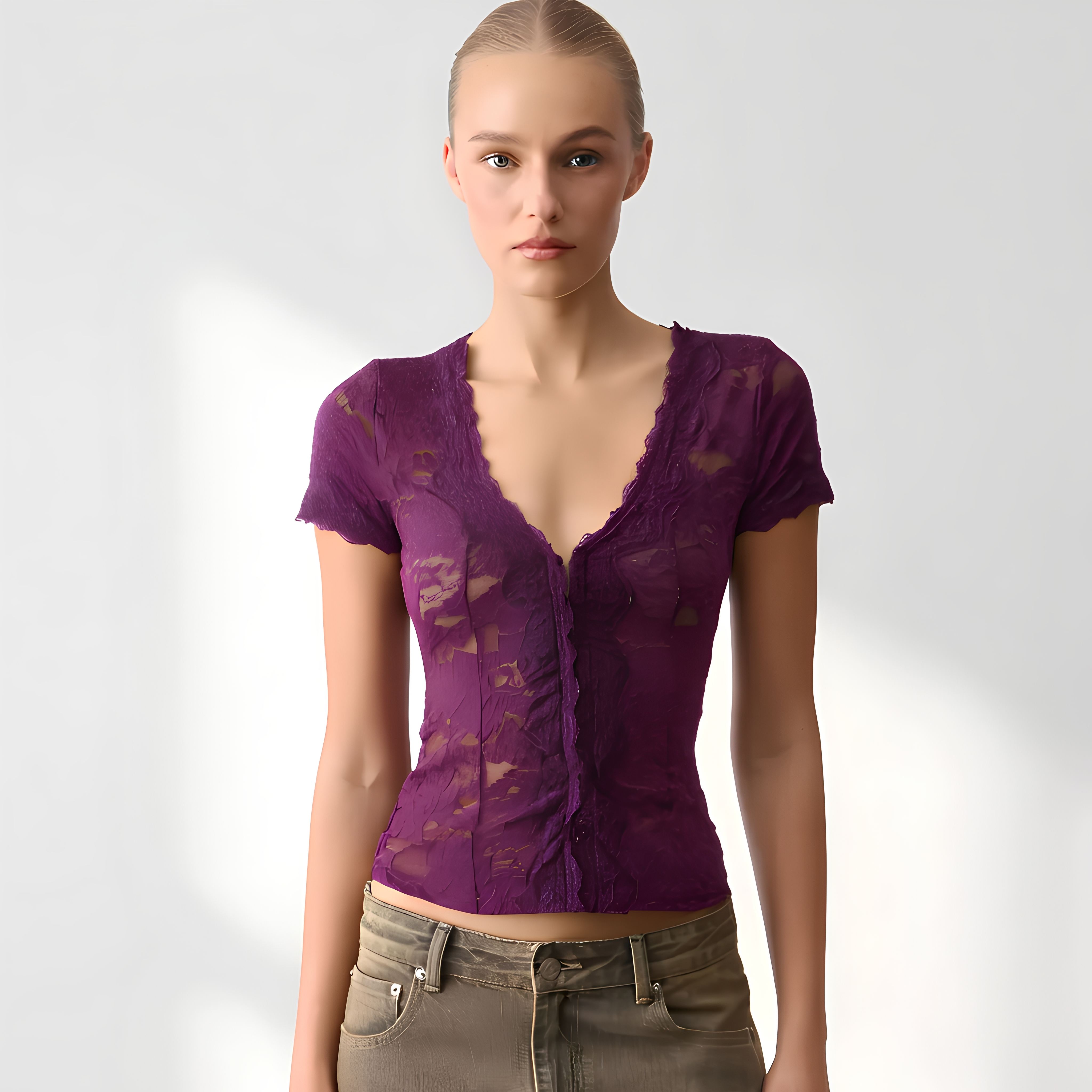 European and American foreign trade women's clothing, pure sensual and sexy V-neck low-cut lace see-through top, fashionable and versatile, hot girl slimming T-shirt for women Application Scenario