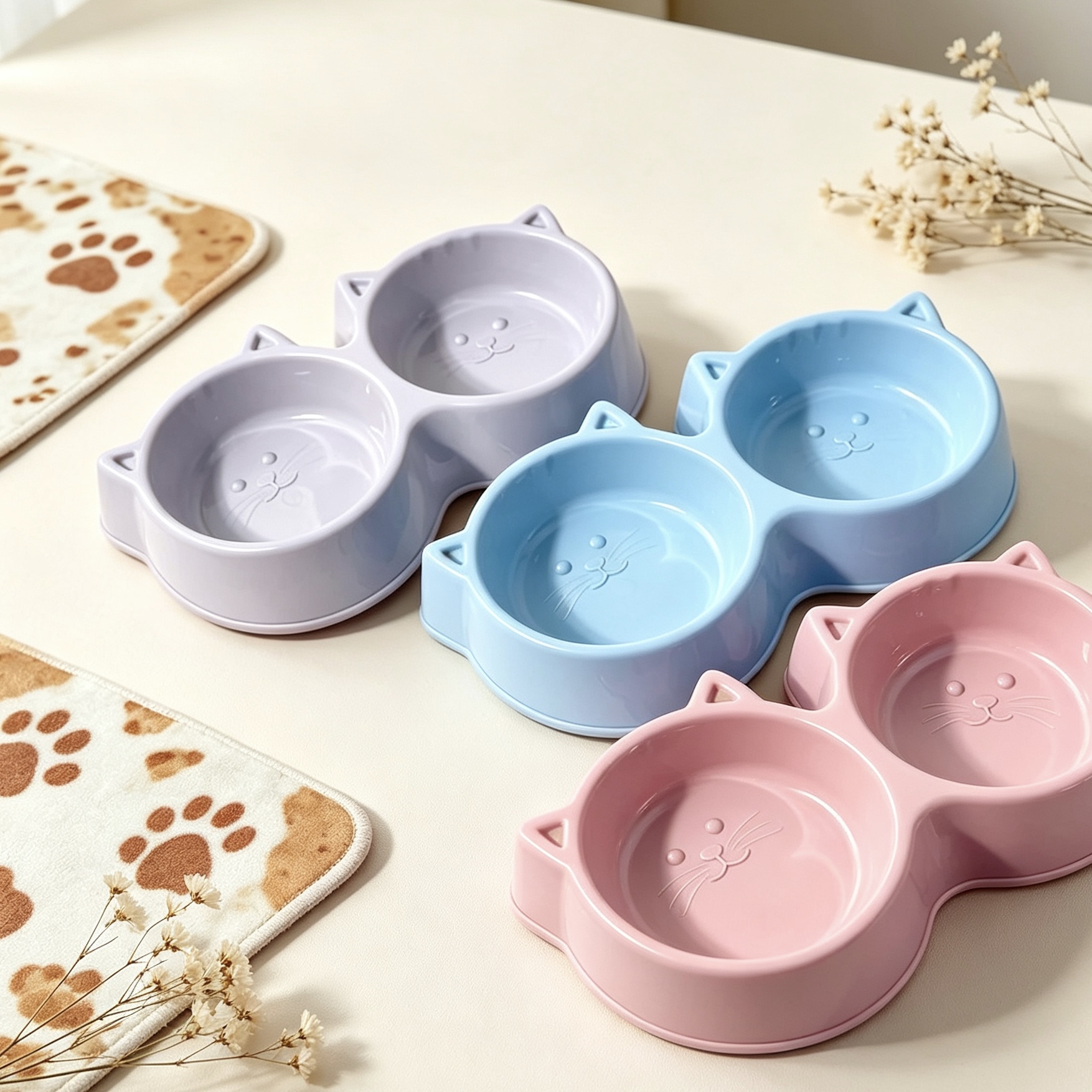猫猫头造型双碗宠物食盆 猫粮狗粮慢食碗 水粮碗 二合一碗宠物用品宠物喂食器宠物用品宠物喂食器宠物慢食碗