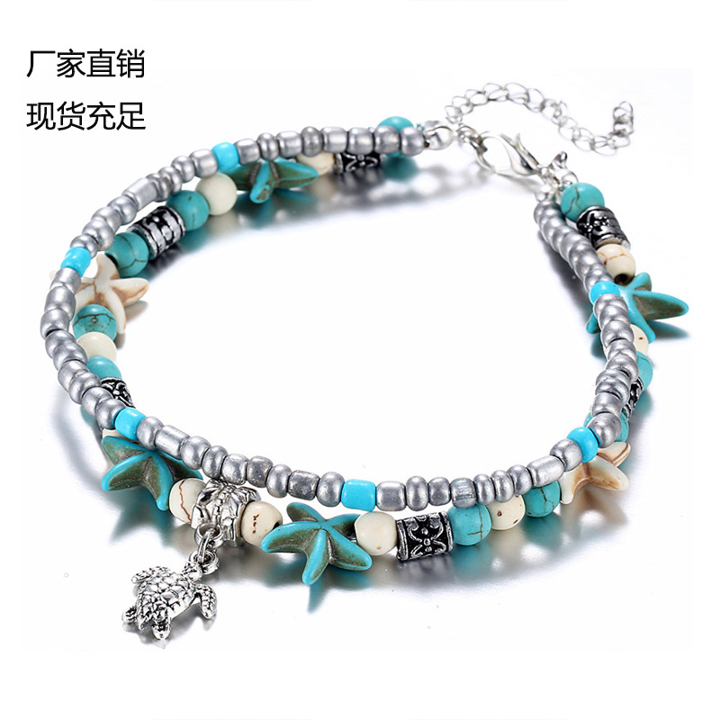 欧美跨境 现货供应时尚简约松石海星乌龟脚饰 沙滩复古双层脚链
