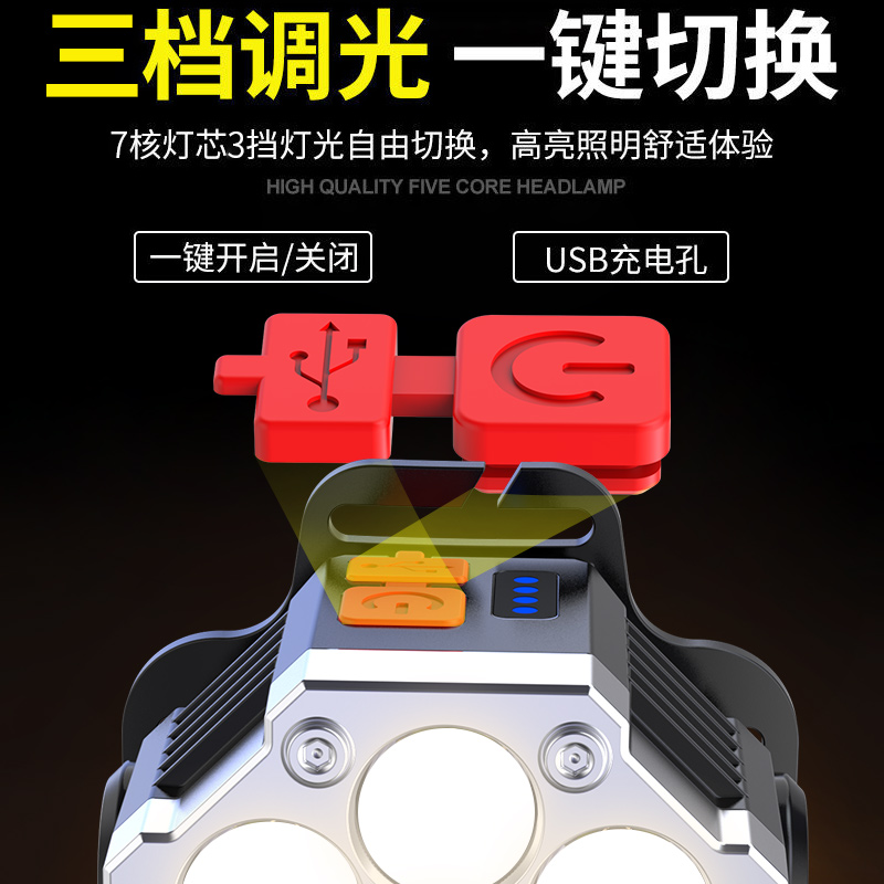 Wushang headlamps, outdoor headlamps, head-mounted nine-head lamps, ultra-bright and long-lasting flashlights, night fishing lamps, and illuminated miner's lamps details Picture