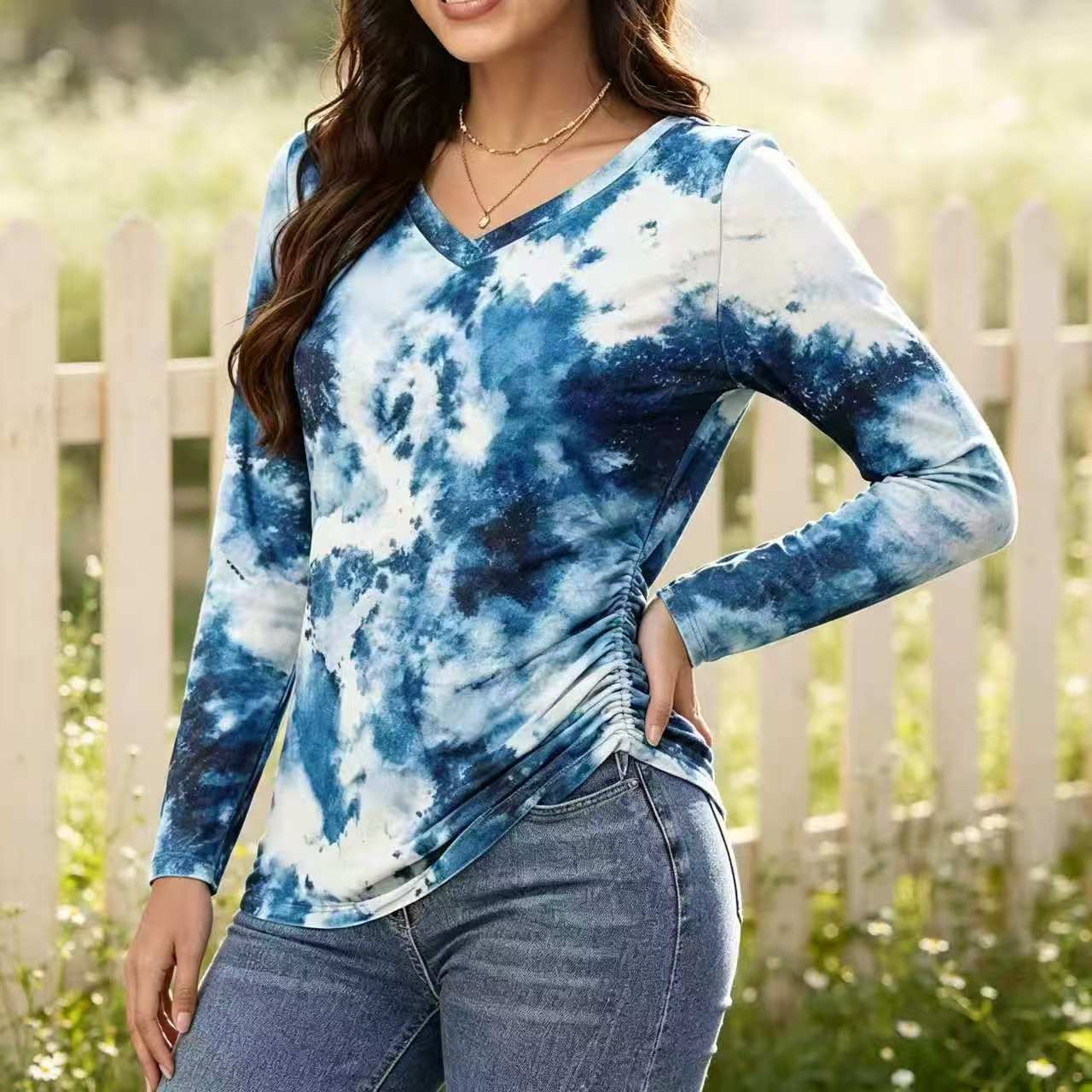 European and American women's clothing 2026 Spring/Autumn New style fashionable and elegant vortex tie-dye printed loose V-neck T-shirt