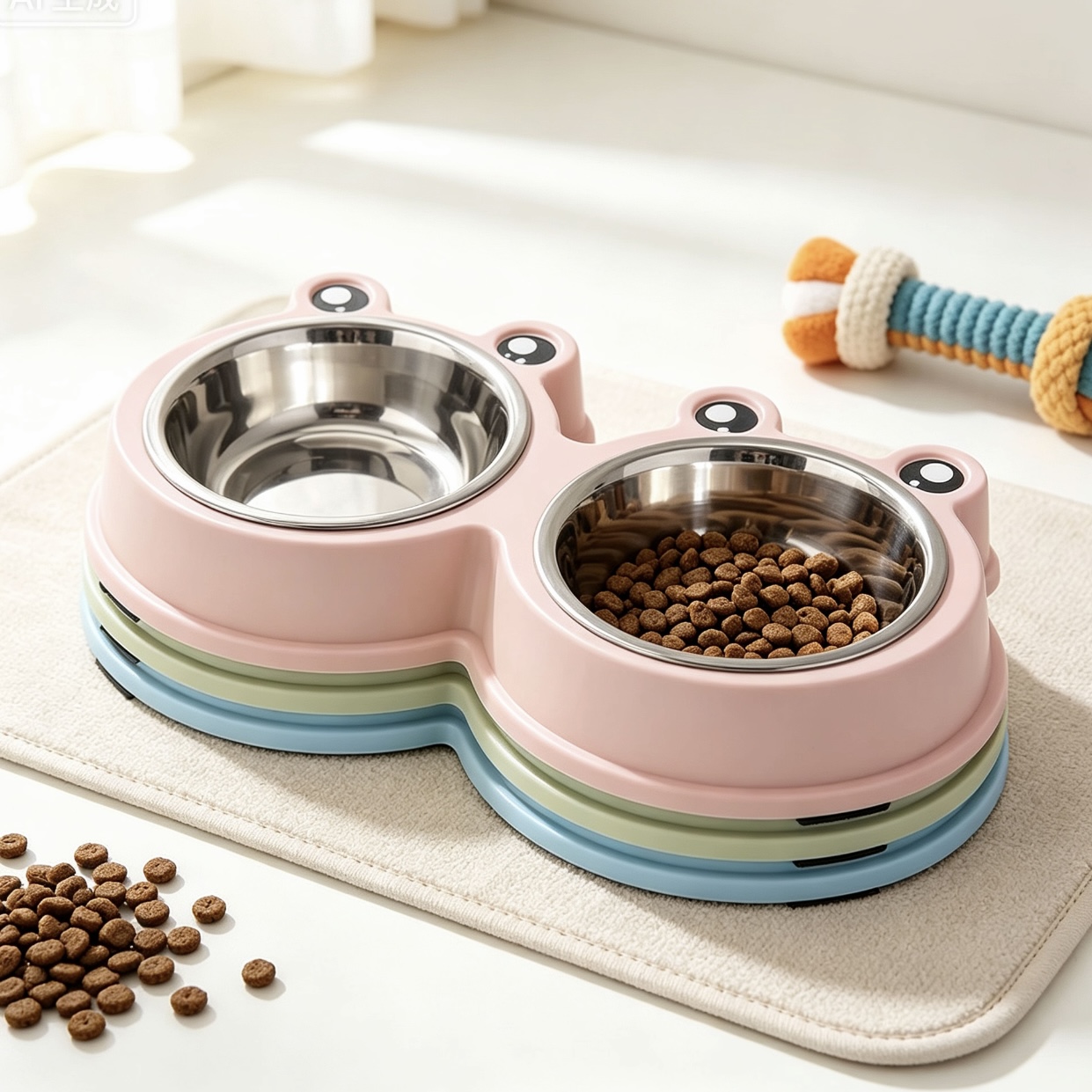 粉色青蛙造型双碗宠物食盆 猫粮狗粮慢食碗 水粮碗 二合一碗宠物用品宠物喂食器