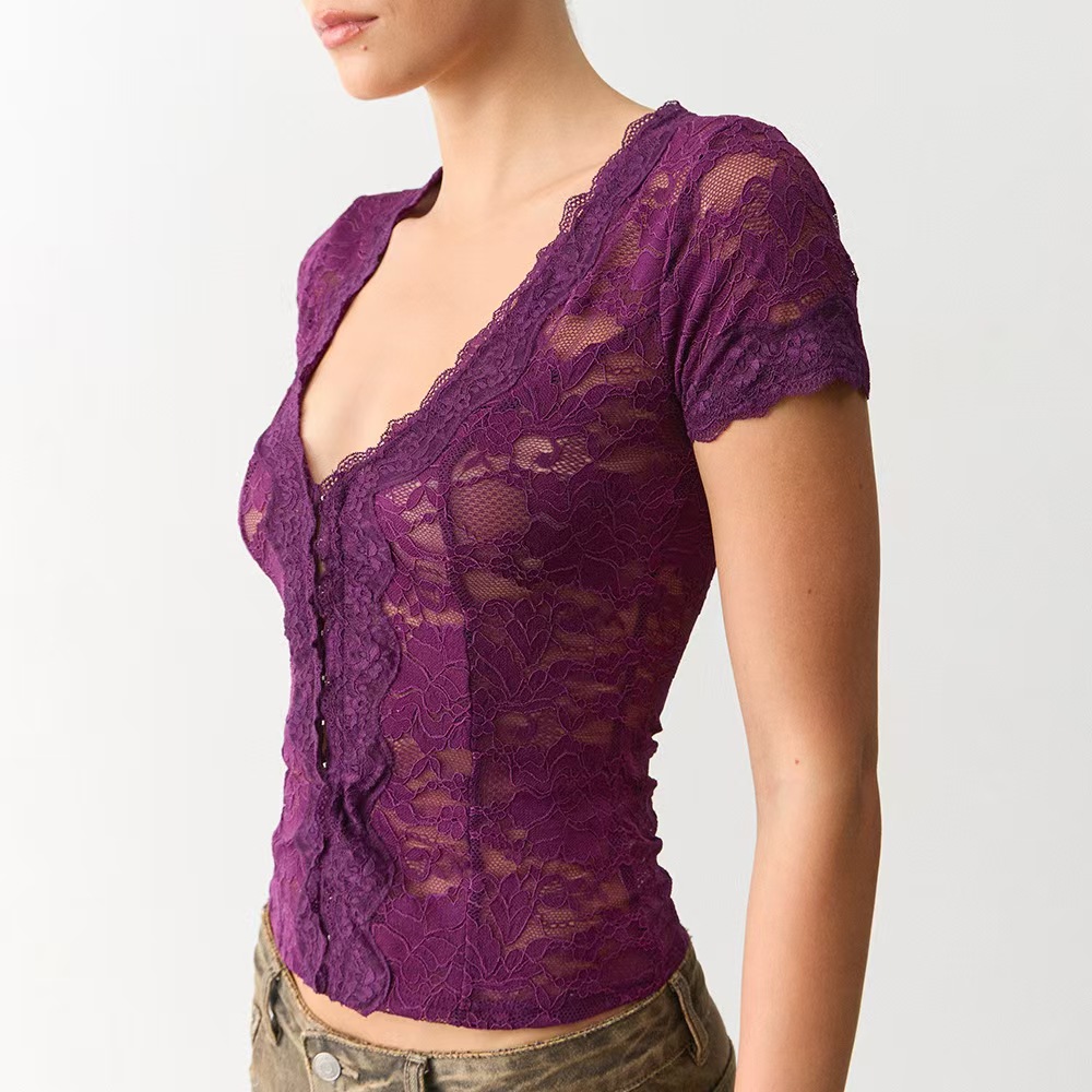 European and American foreign trade women's clothing, pure sensual and sexy V-neck low-cut lace see-through top, fashionable and versatile, hot girl slimming T-shirt for women