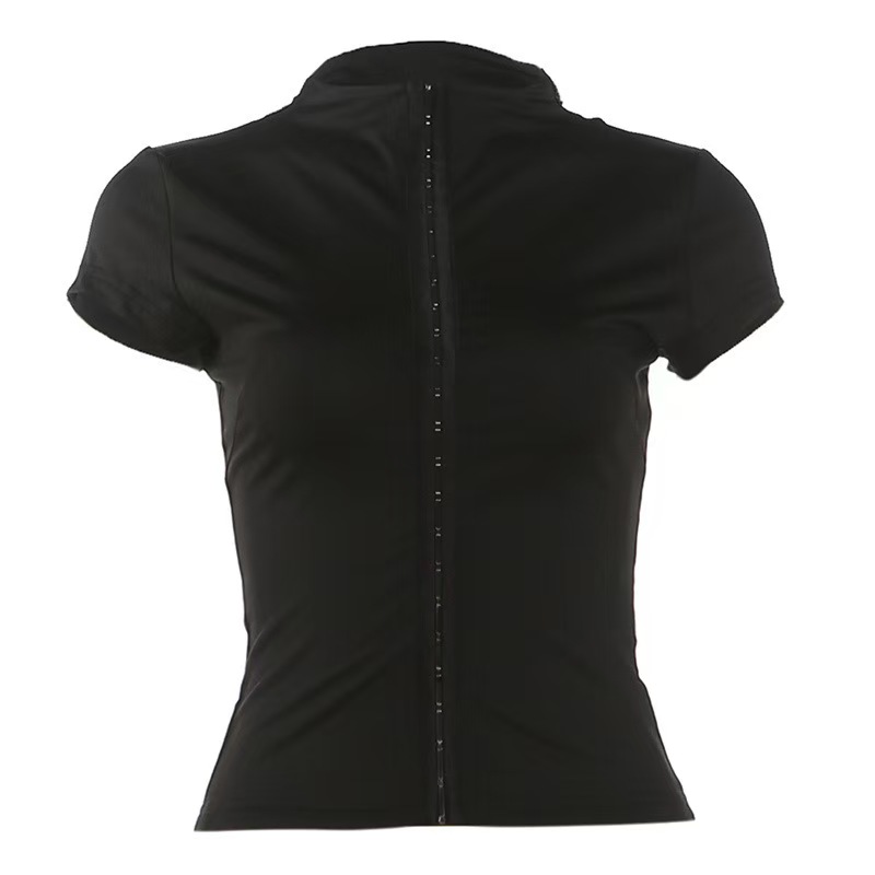 This is a new Spring/Summer 2026 women's collection from Europe and America, featuring a fashionable street style with a stand-up collar and button-down design, as well as a hollowed-out tight T-shirt top