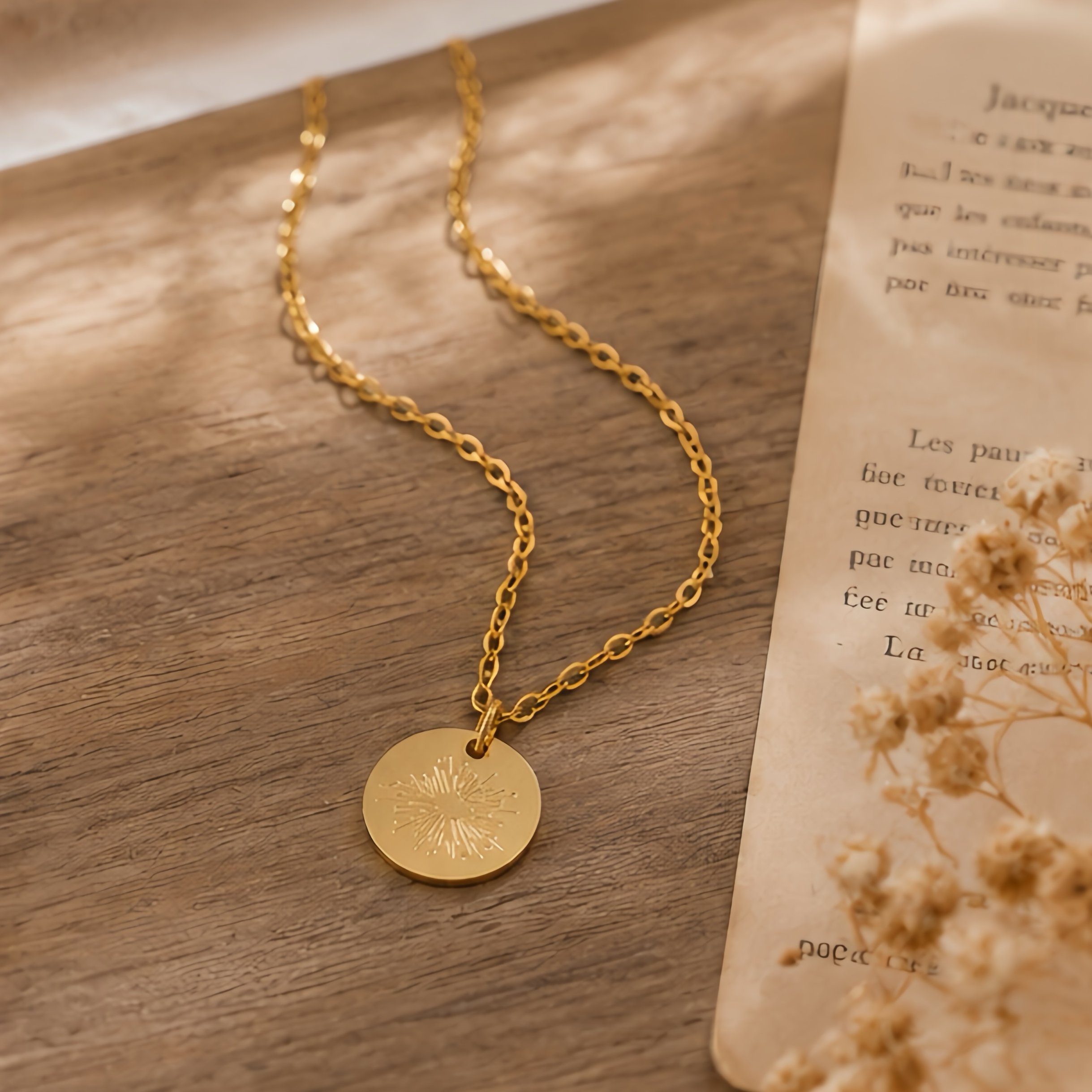 Retro firework engraved radiating pattern collarbone chain, stainless steel color retention, simple and niche minimalist ins style, cold commuting style, daily basic decorative jewelry Specification image