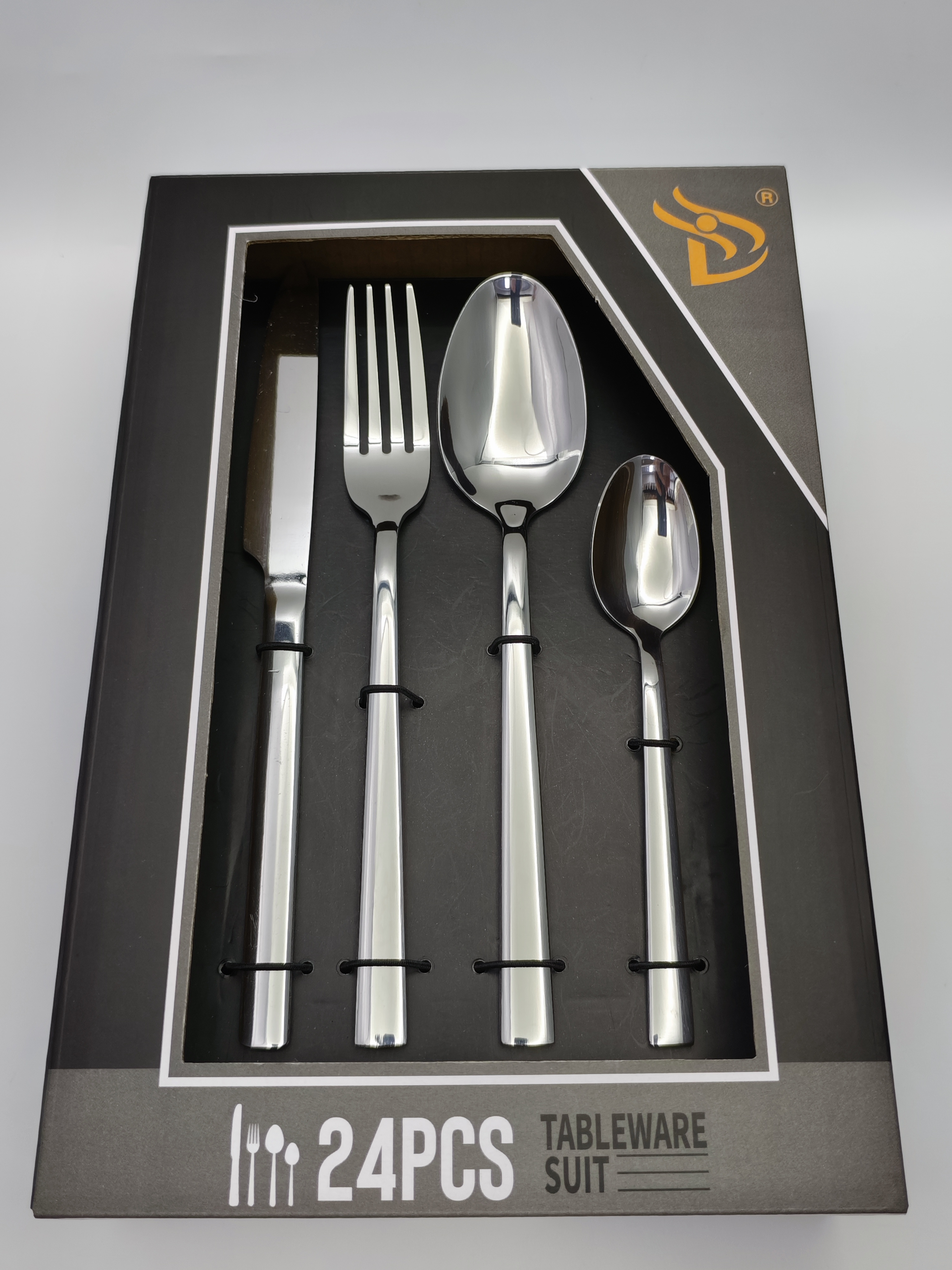 Silver square-handled stainless steel knife, fork and spoon five-piece set, black 24-piece gift box tableware set Silver square-handled stainless steel knife, fork and spoon five-piece set, black 24-piece gift box tableware set