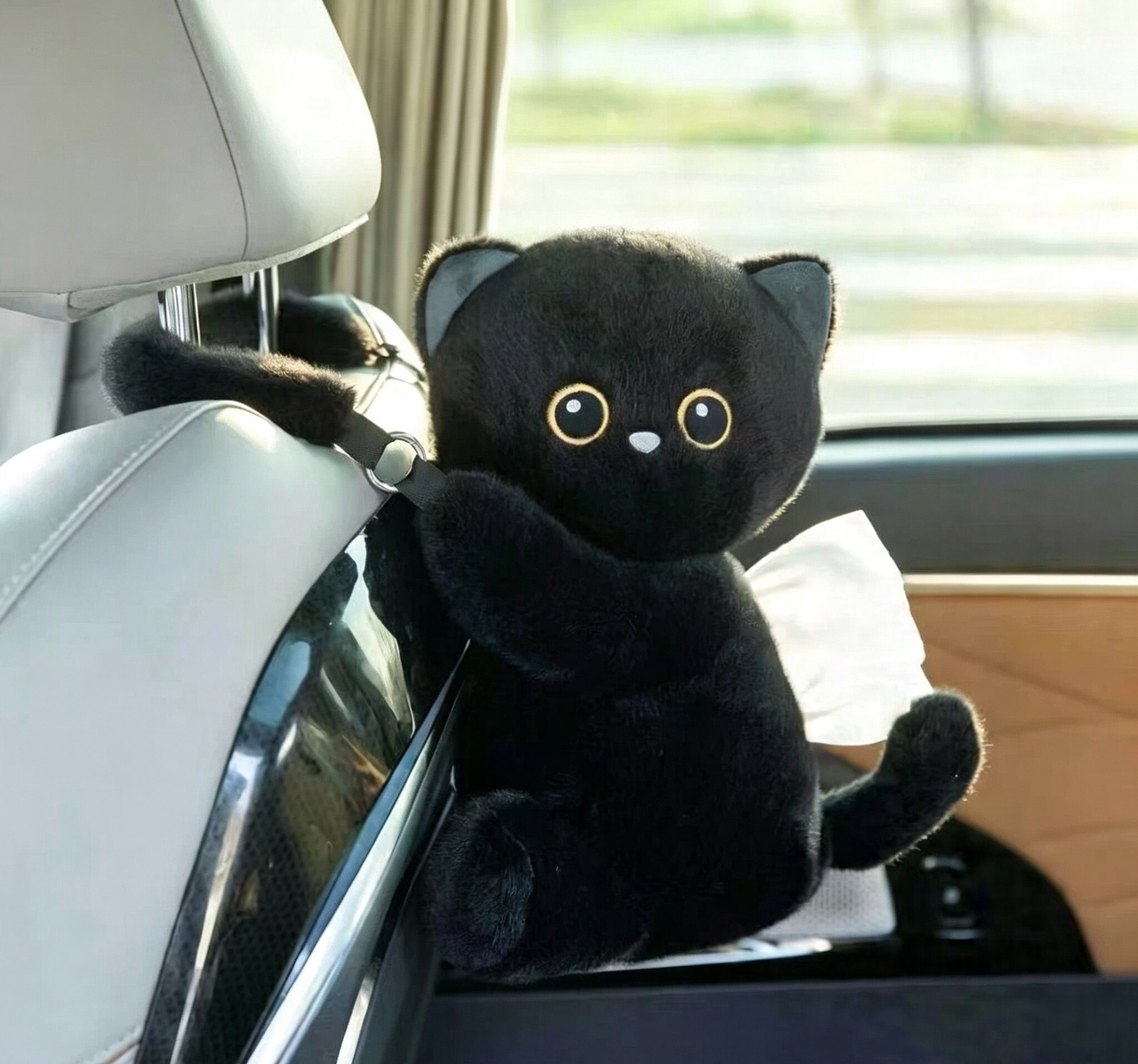 黑色猫咪毛绒玩具布娃娃玩偶车载抽纸挂件图