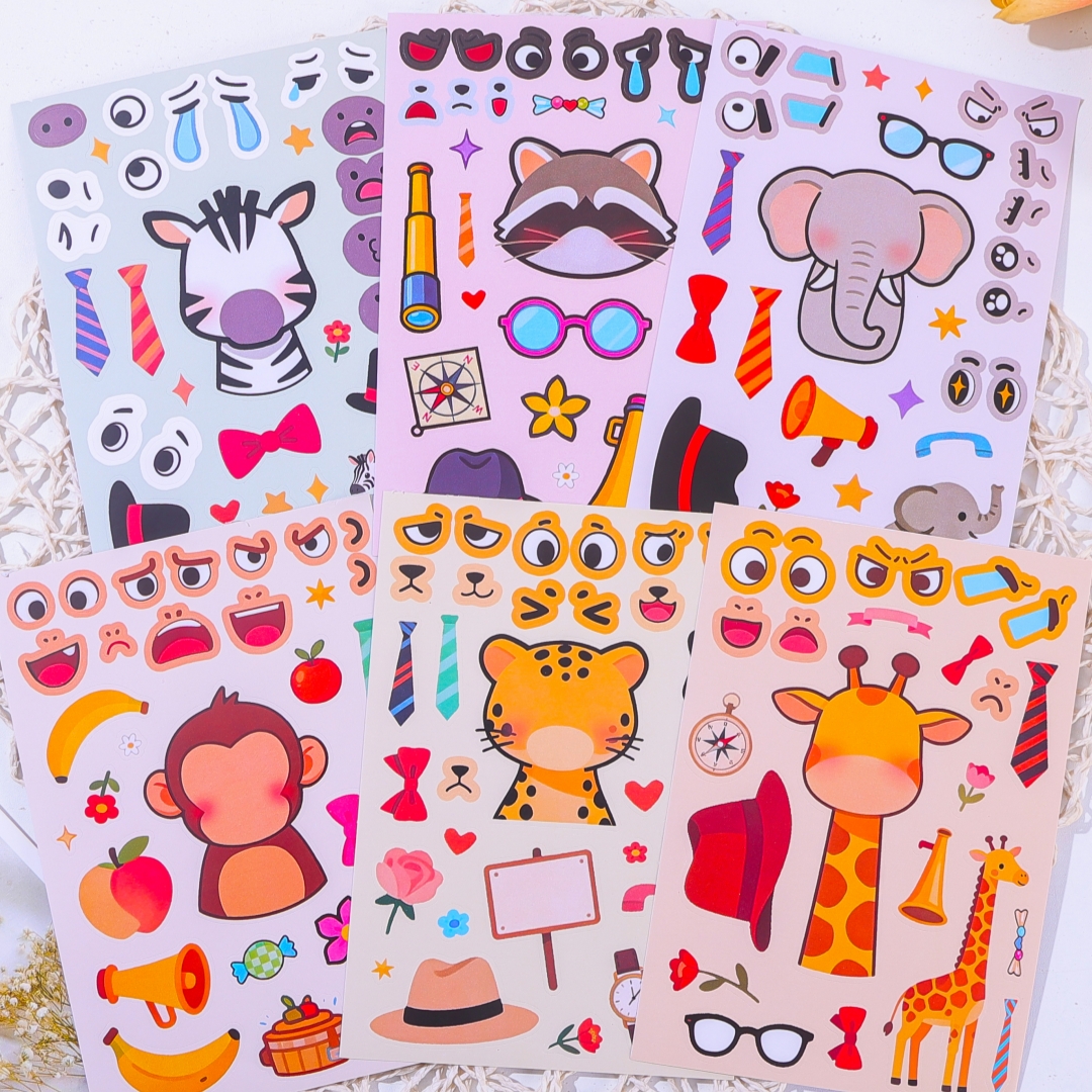 Colorful sticker book, Ocean Farm, Road, Zoo, four cartoon puzzle sticker books, 6 pieces, including Marine animals, car expression stickers, self-adhesive, diy stickers, educational details Picture