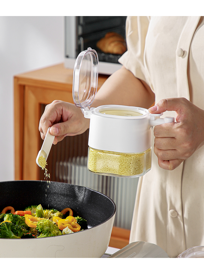 【CL】25Q4#6293 Fuchol One-Touch Lid-opening Glass Seasoning Jar (460ml) White/Khaki pic 12