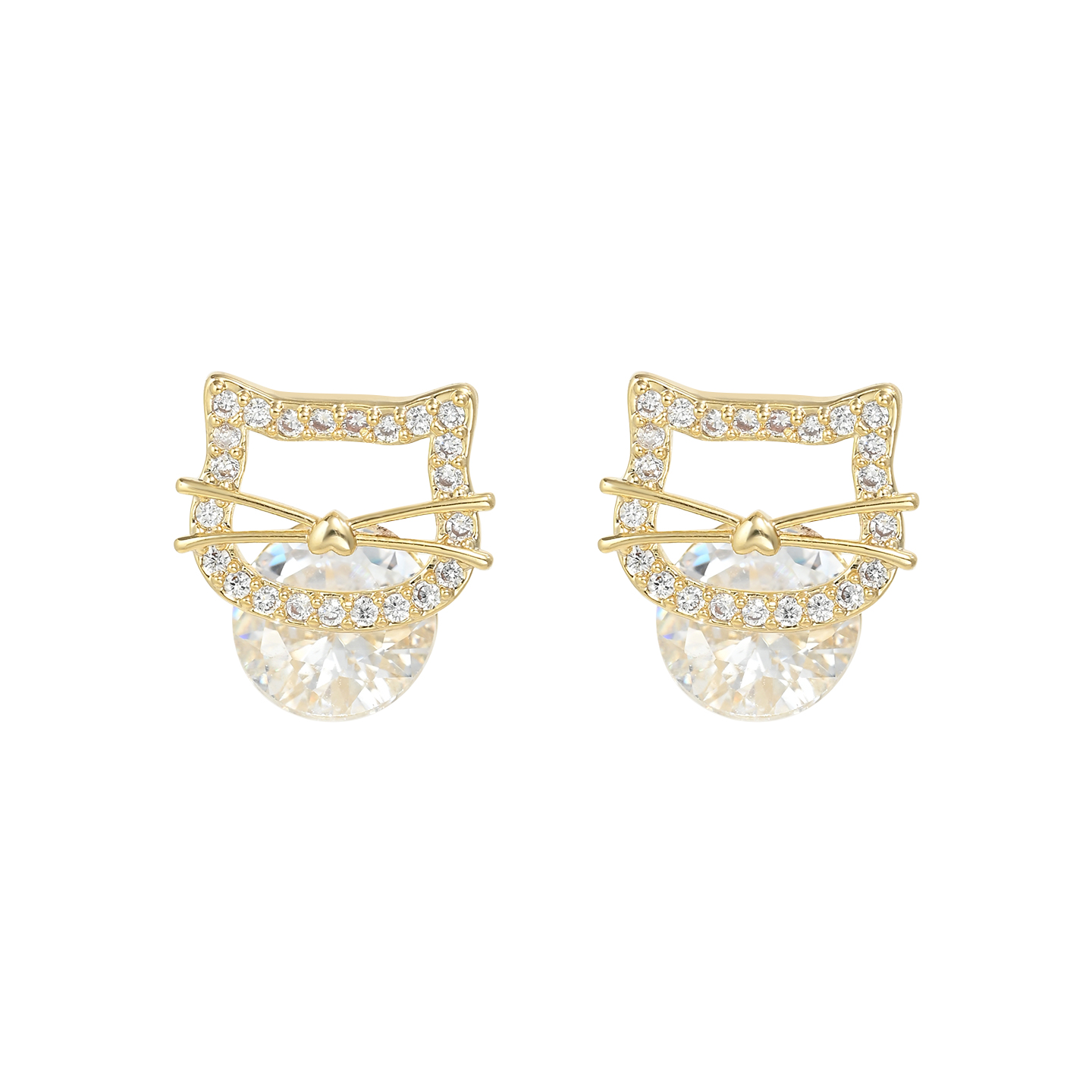 Golden hollowed-out cat stud earrings for girls, cute heart, big beard, teardrop zircon, a niche and versatile daily outfit for girls pic 9