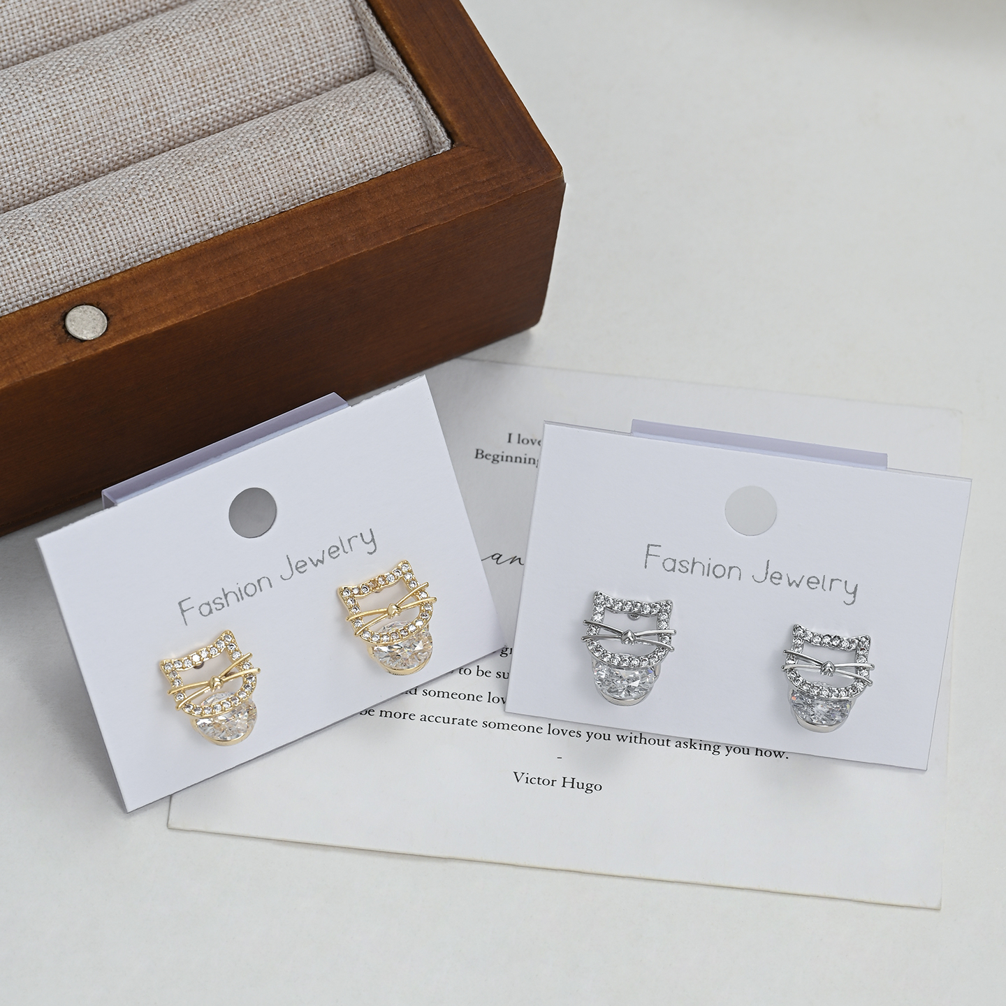 Golden hollowed-out cat stud earrings for girls, cute heart, big beard, teardrop zircon, a niche and versatile daily outfit for girls pic 1