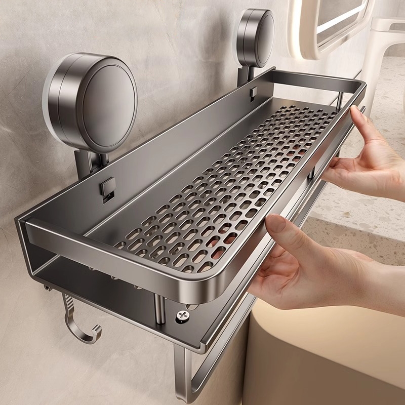 Space aluminum bathroom suction cup storage rack, wall-mounted non-drilling bathroom towel rack, washbasin, multi-functional storage
