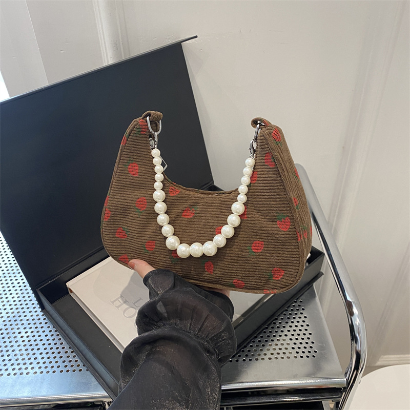 French fashion pearl chain underarm bag, cute strawberry print shoulder bag, versatile corduroy dumpling bag full image