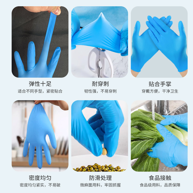 蓝色一次性丁腈民用手套护臂款 防滑耐磨舒适透气 Item Picture
