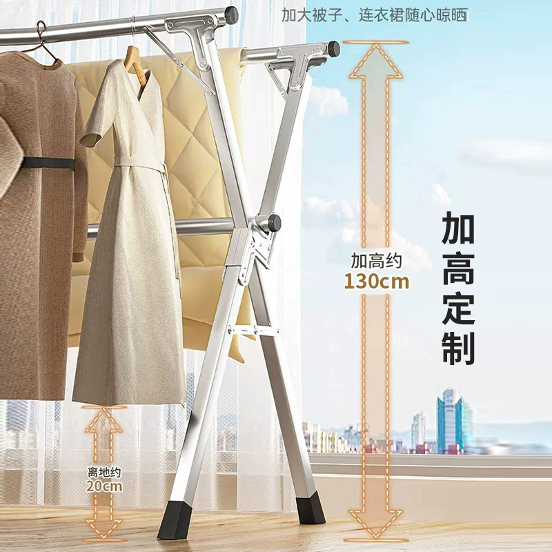Mobile stainless steel floor-standing wardrobe rack, telescopic and folding clothes drying rack, thickened model for home balcony interior details Picture