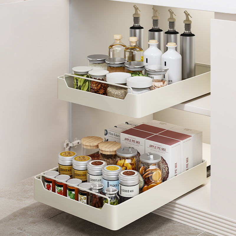 Non-drilling kitchen pull-out storage rack, sink, pull-out basket, cabinet, sliding rail, drawer, storage box, seasoning rack details Picture