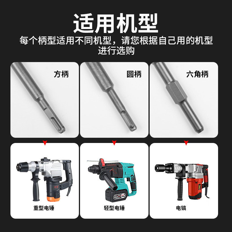 Spring steel 65A long hexagonal five-pit square handle pointed flat chisel, pickaxe, electric hammer, pickaxe head, wall king, concrete grooving Specification image