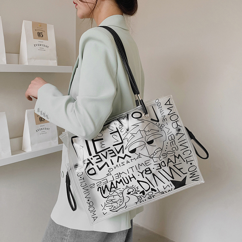 Summer women's large-capacity 2022 new niche graffiti single-shoulder bag, fashionable and high-quality transparent jelly tote bag Specification image