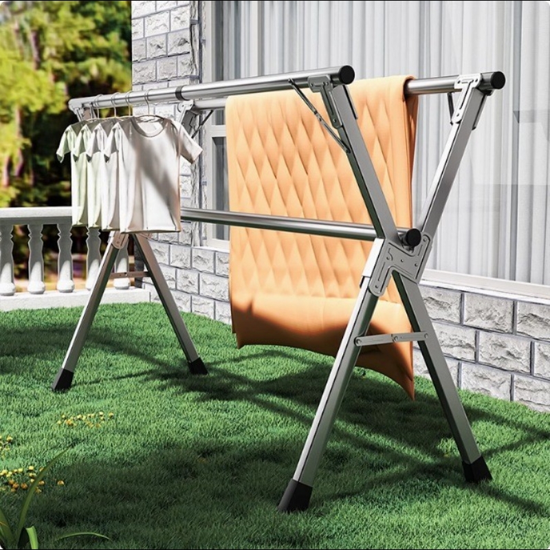 Mobile stainless steel floor-standing wardrobe rack, telescopic and folding clothes drying rack, thickened model for home balcony interior