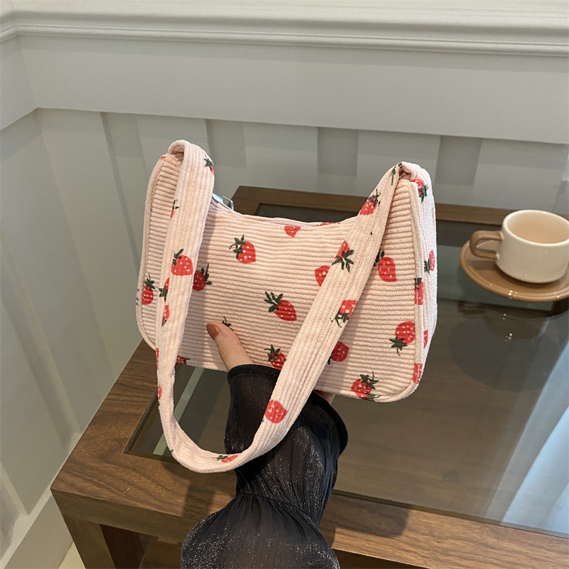 Japanese-style artistic corduroy underarm bag for girls, casual student, simple and fresh printed commuter, Korean-style single-shoulder bag full image