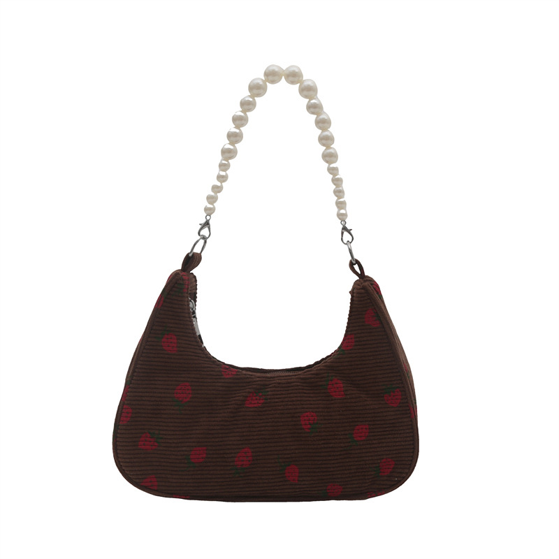 French fashion pearl chain underarm bag, cute strawberry print shoulder bag, versatile corduroy dumpling bag undefined