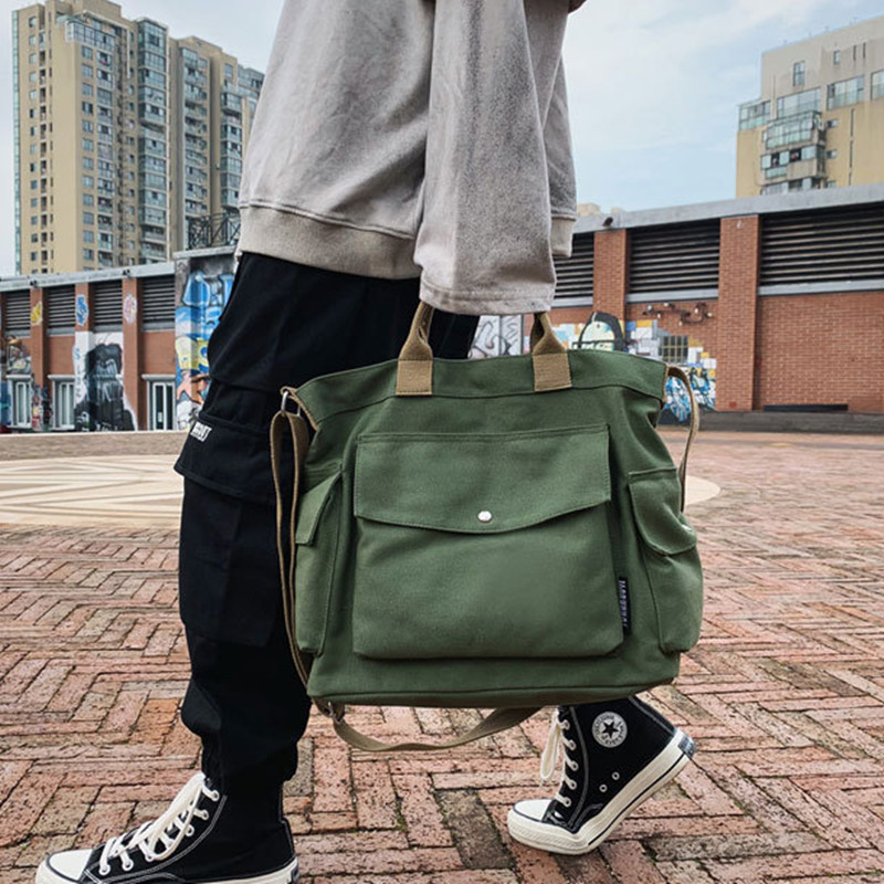 A new style of Hong Kong-style retro casual large-capacity tote canvas bag, fashionable and trendy, simple and versatile single-shoulder crossbody bag undefined