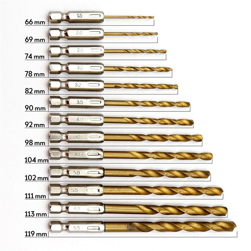 Hexagonal handle titanium-coated wood twist drill, titanium-coated 13PC air screwdriver set, high-speed steel electric twist drill bit details Picture