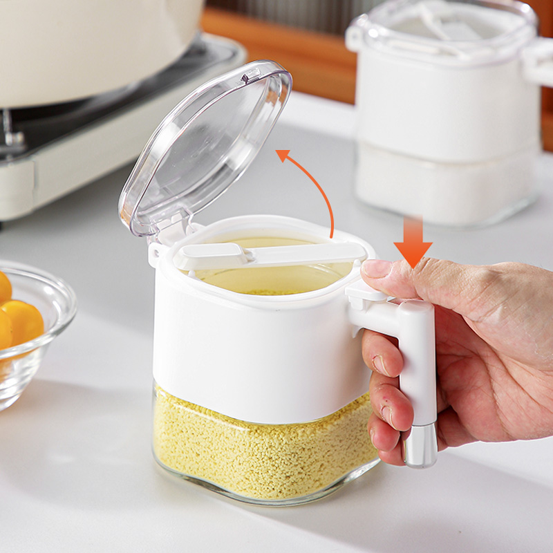 【CL】25Q4#6293 Fuchol One-Touch Lid-opening Glass Seasoning Jar (460ml) White/Khaki Specification image