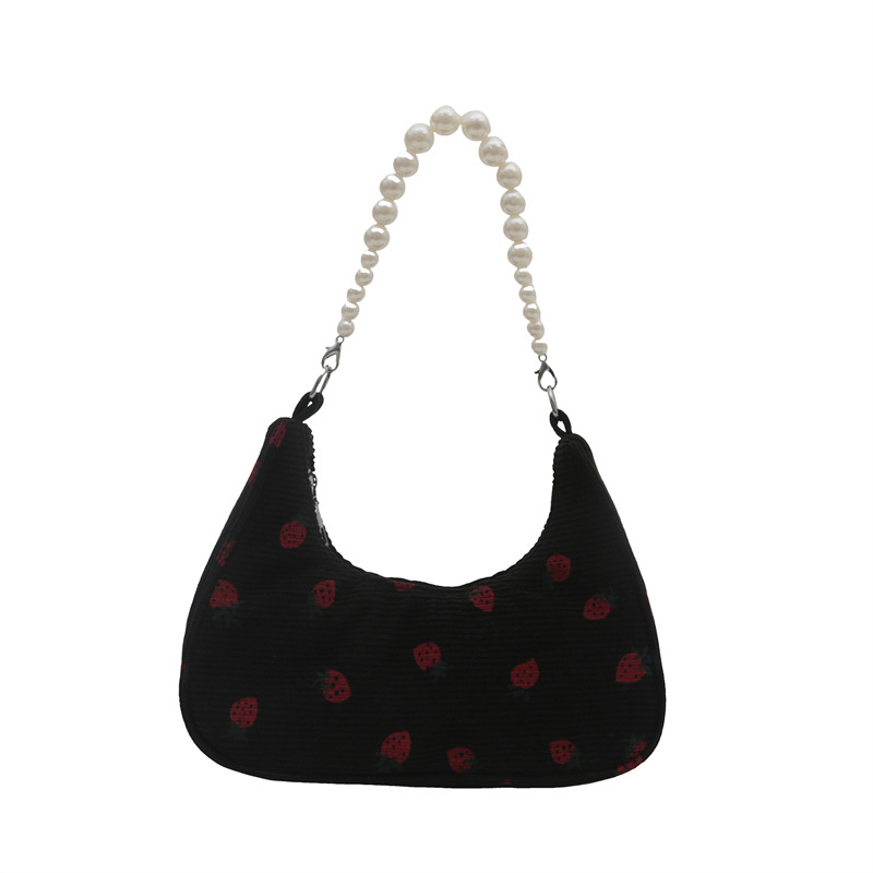 French fashion pearl chain underarm bag, cute strawberry print shoulder bag, versatile corduroy dumpling bag undefined
