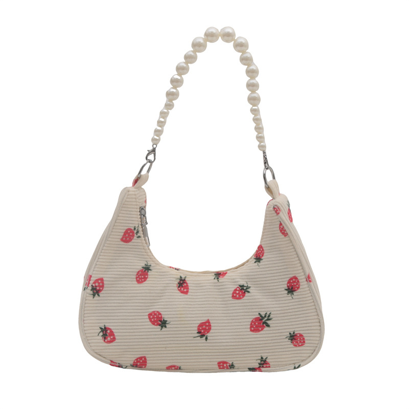 French fashion pearl chain underarm bag, cute strawberry print shoulder bag, versatile corduroy dumpling bag undefined