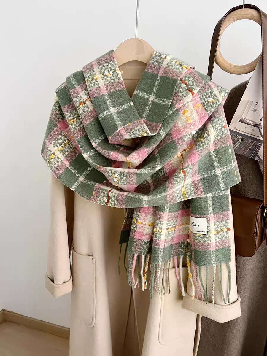 Autumn and winter atmosphere check scarf, retro tassel warm large shawl scarf, herringbone scarf detail image 5