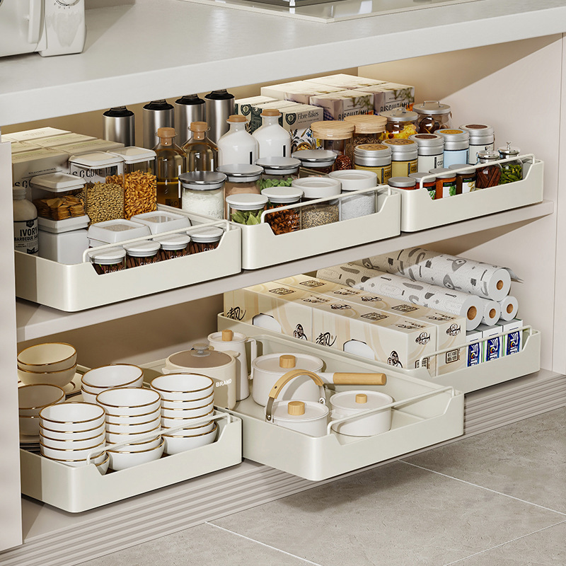 Non-drilling kitchen pull-out storage rack, sink, pull-out basket, cabinet, sliding rail, drawer, storage box, seasoning rack Application Scenario