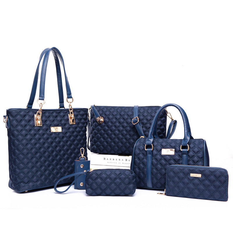 The 2022 new multi-piece set of women's bags with nylon embroidered thread and checkered pattern, a six-piece women's bag undefined